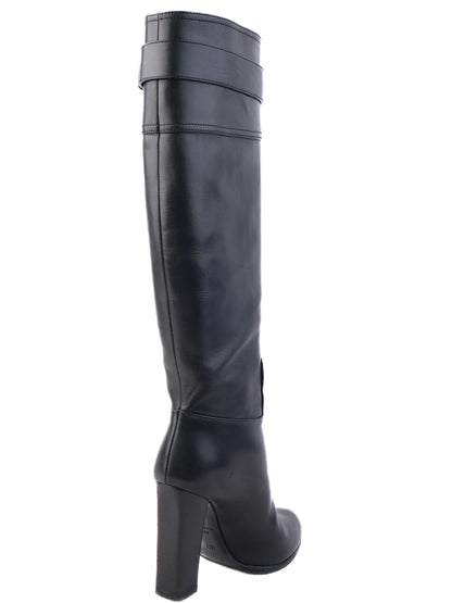 Excellent Dior Black Leather Knee-High Boots Size 36 with Buckle Detail