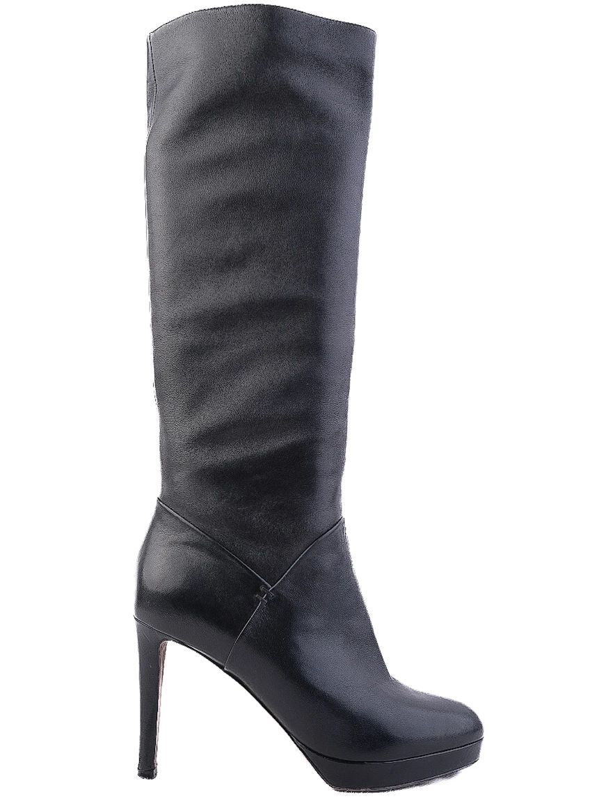 Excellent Prada Black Leather Knee-High Heeled Boots Size 37.5