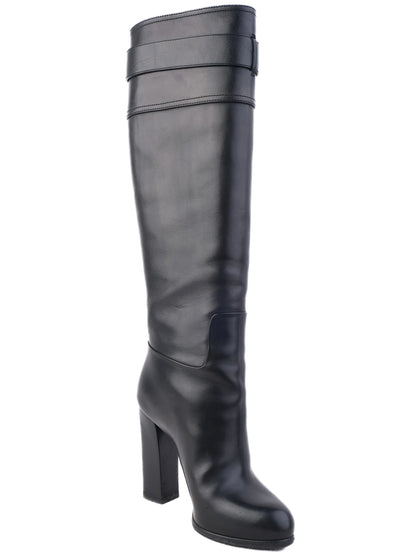 Excellent Dior Black Leather Knee-High Boots Size 36 with Buckle Detail