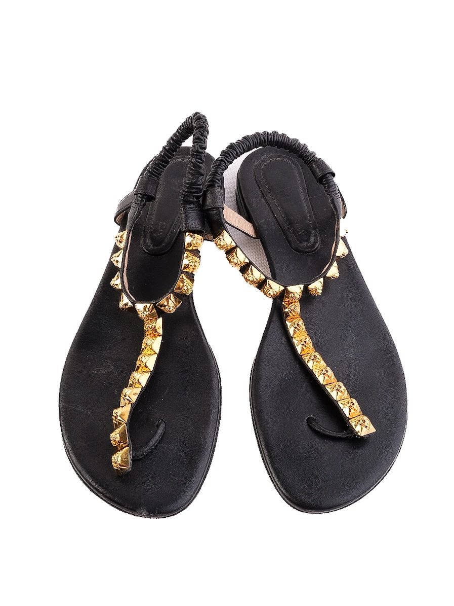Stuart Weitzman Black Leather Sandals with Gold Studs Size 38.5