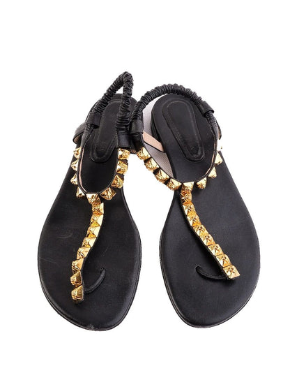 Stuart Weitzman Black Leather Sandals with Gold Studs Size 38.5