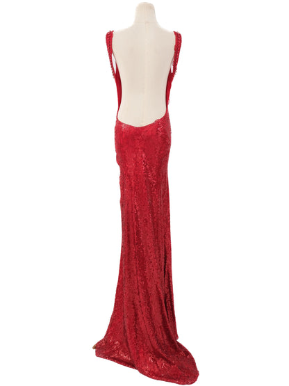 Excellent Jenny Packham Red Silk Sequined Gown Size M