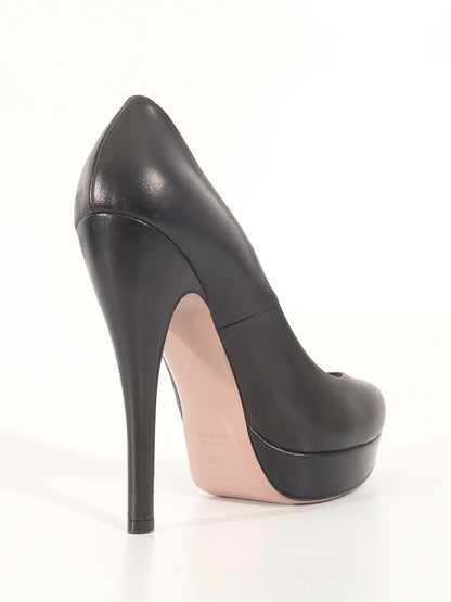 Perfect Gucci Black Leather High-Heeled Platform Shoes Size 38.5