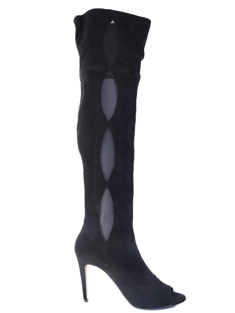 Excellent Black Leather Thigh-High Heels Boots Size 38.5 with Mesh Cutouts