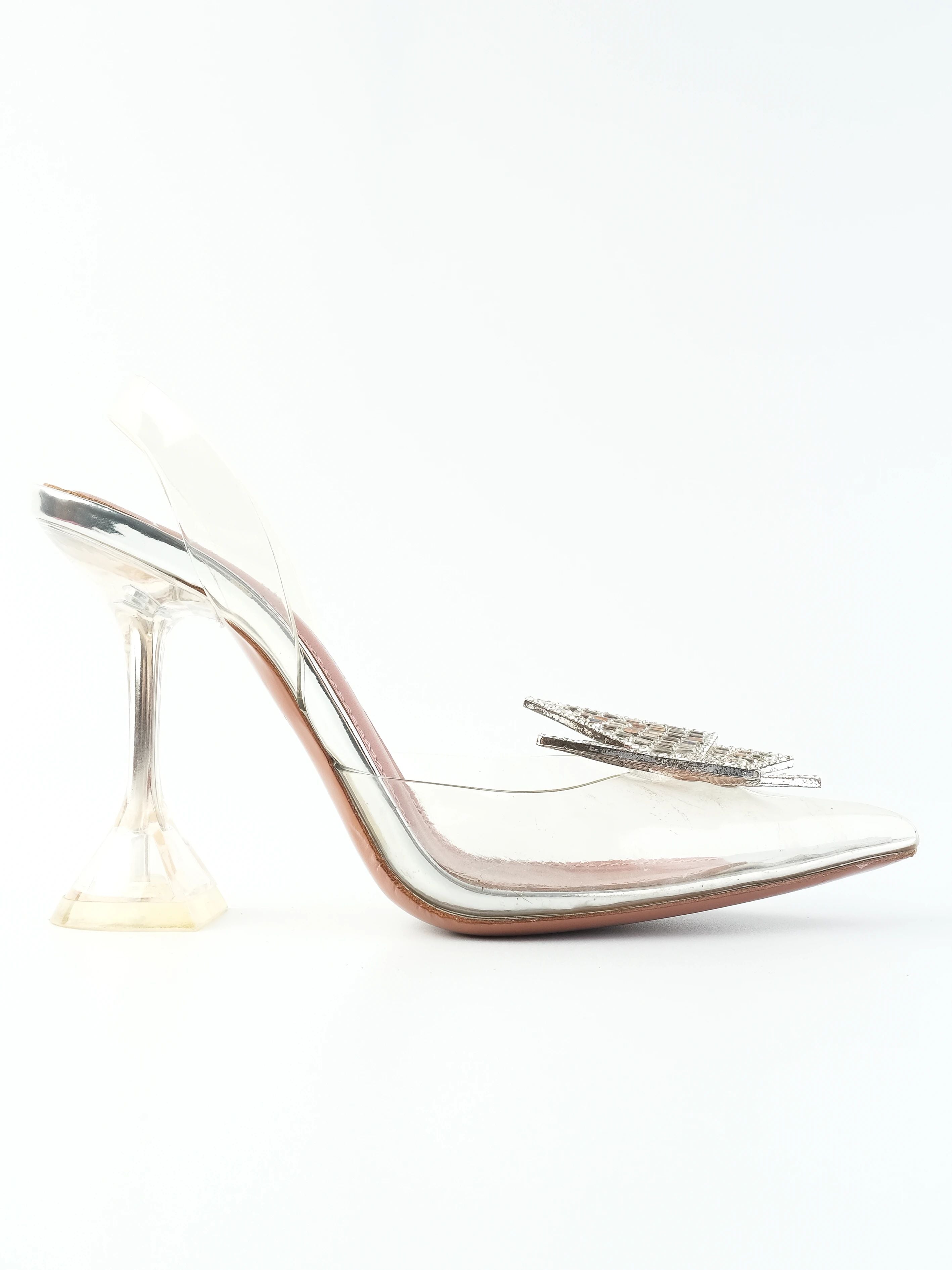 Perfect Amina Muaddi Gray High-Heeled Leather Shoes with Pyramid Embellishment