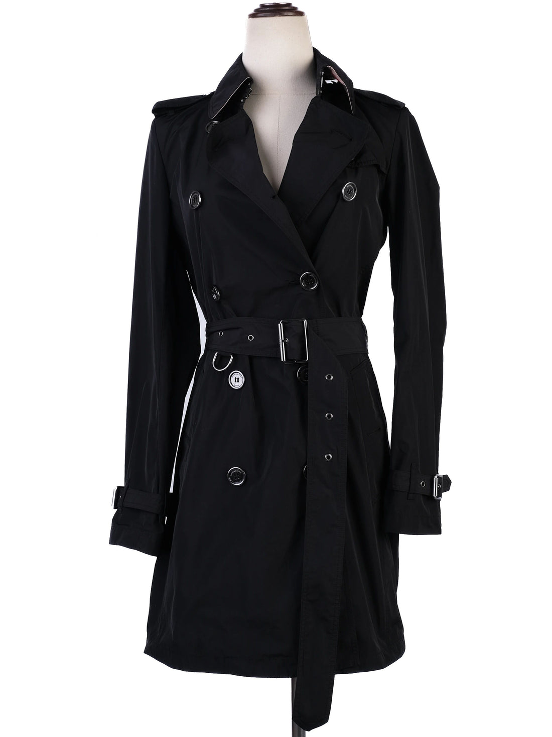 Excellent Burberry Black Trench Coat XS Polyester Double-Breasted