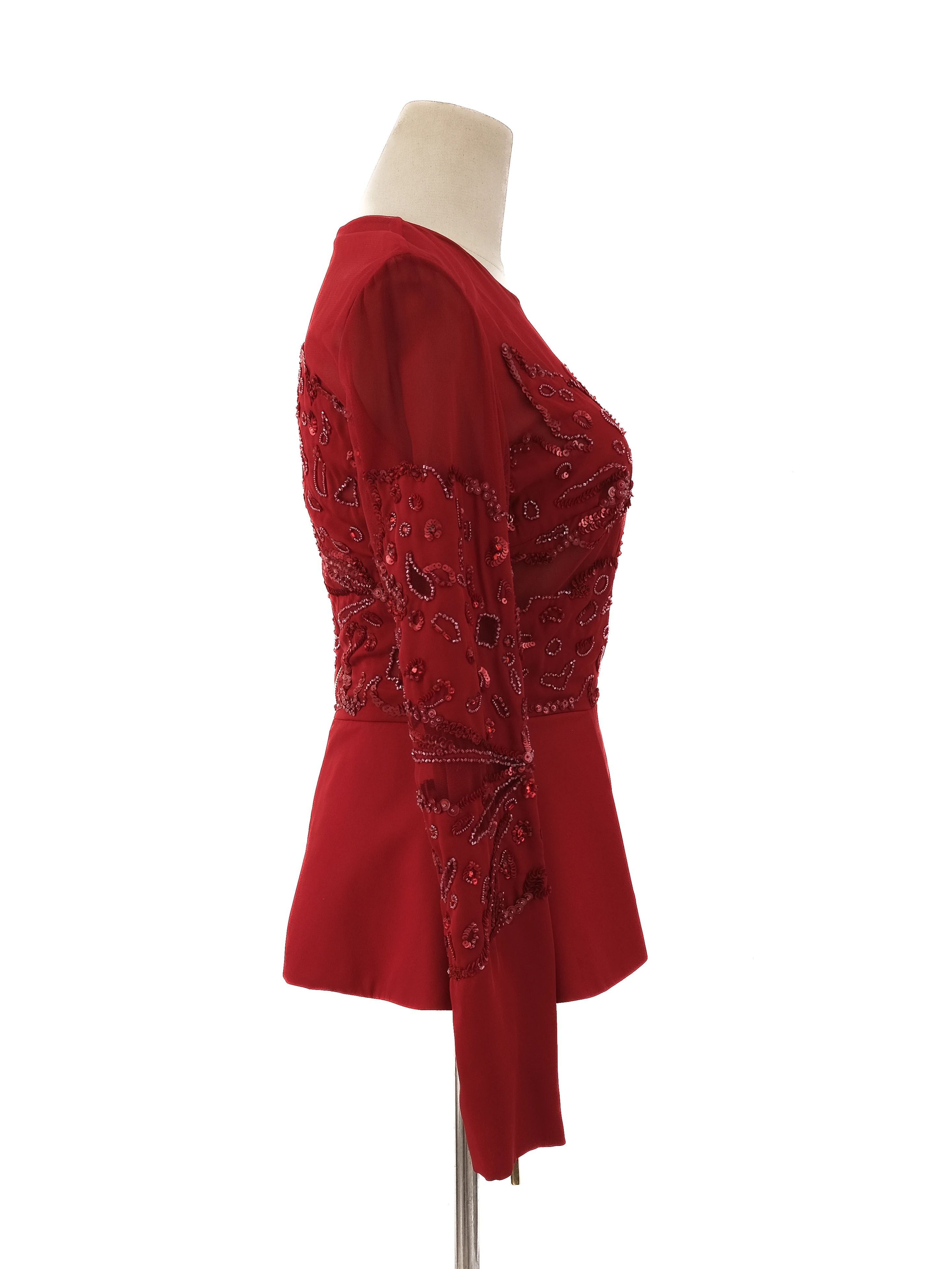 Excellent Elie Saab Red Silk Peplum Blouse Size S with Bead Embellishments