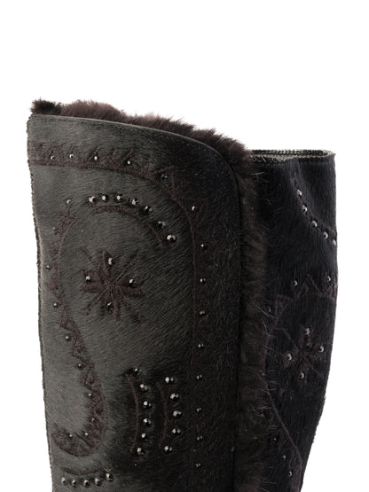 Excellent Lesilla Black Knee-High Stiletto Boots with Fur-Like Texture