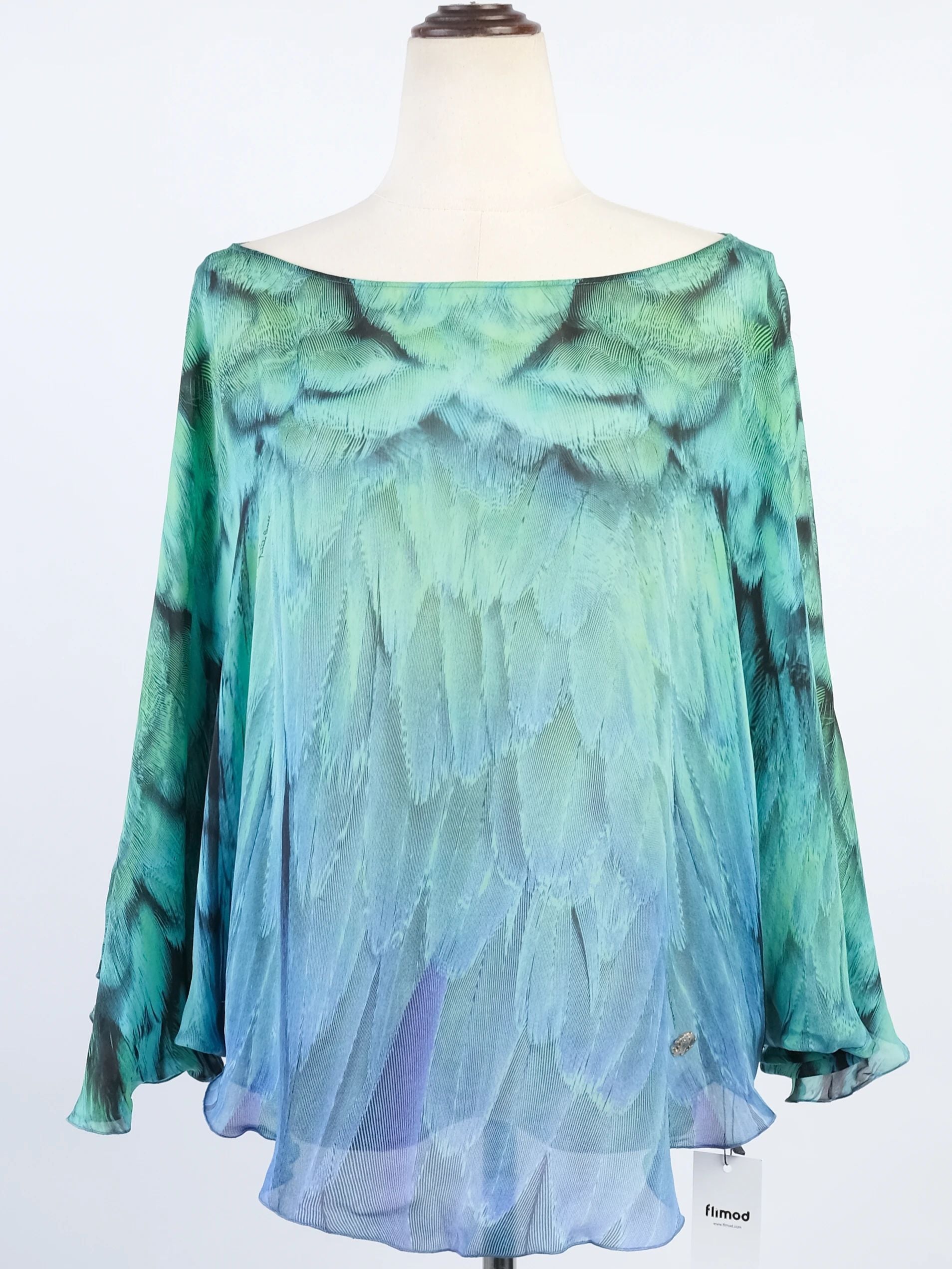 Excellent Roberto Cavalli Green Silk Blouse with Feather Pattern Size L