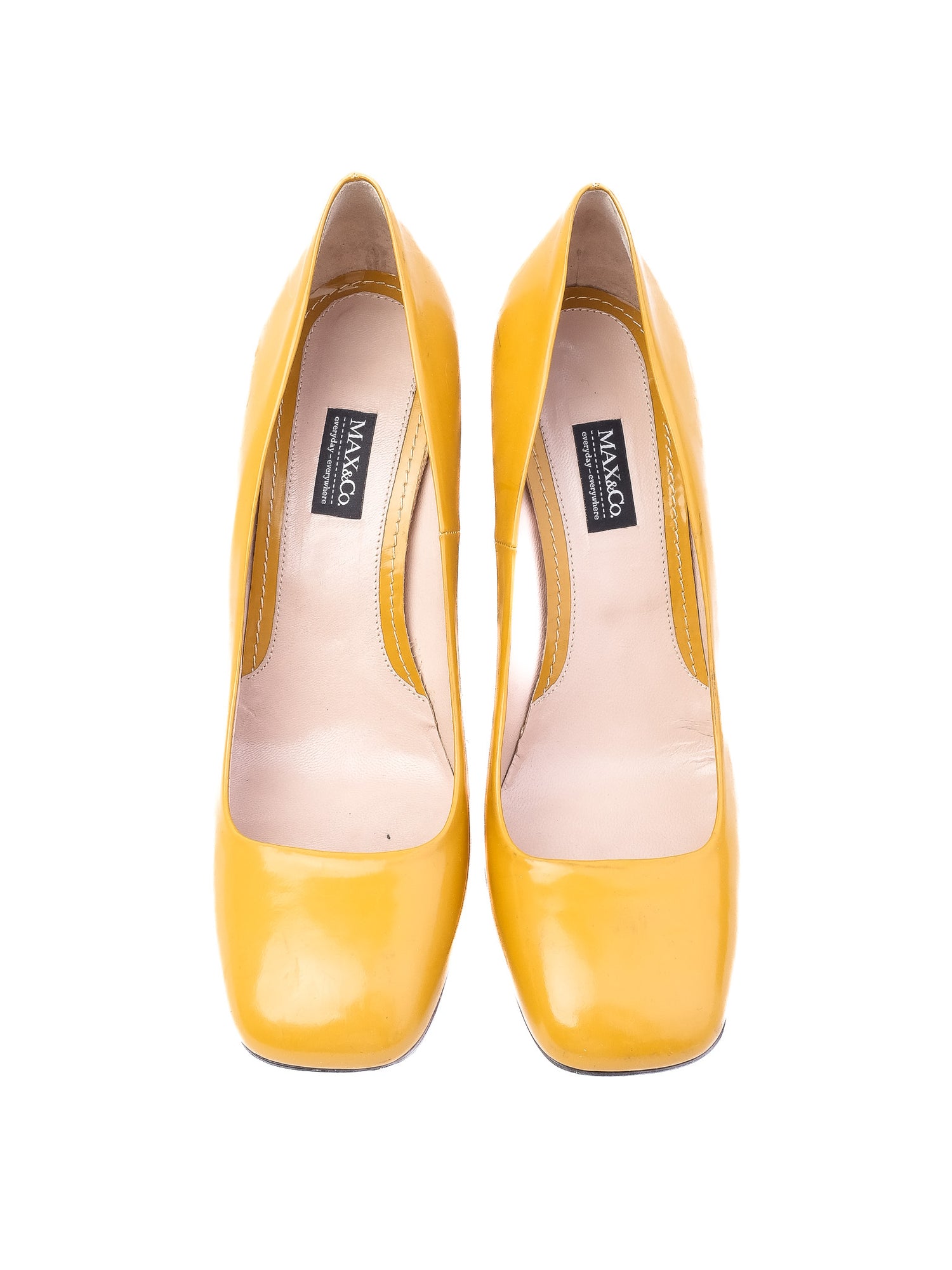Excellent MaxCo Yellow Leather High-Heeled Shoes with Chunky Black Heel