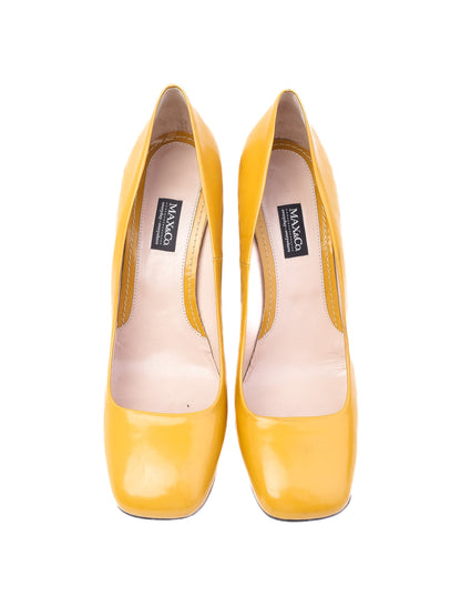 Excellent MaxCo Yellow Leather High-Heeled Shoes with Chunky Black Heel