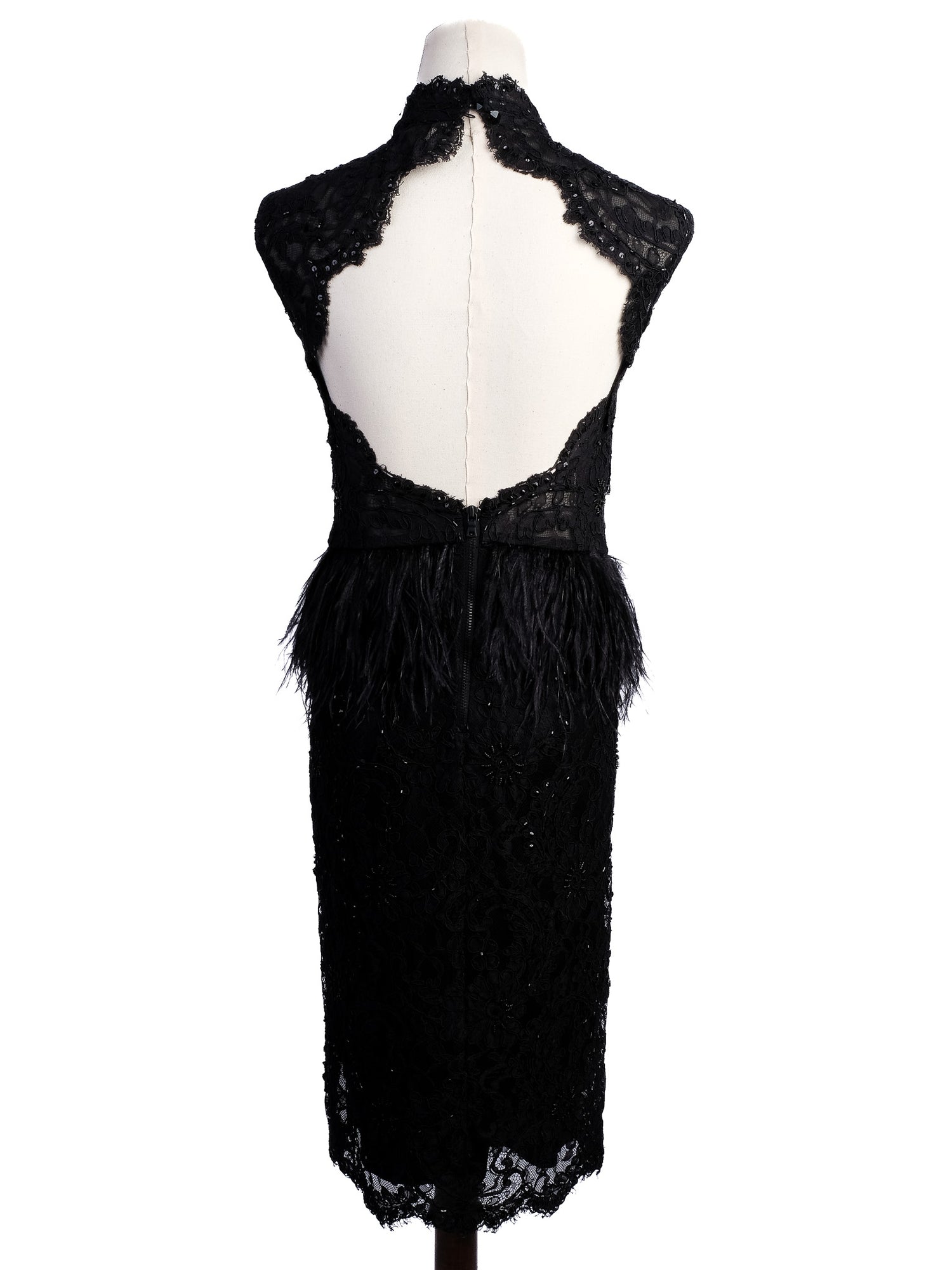 Excellent Alice+Olivia Black Silk Dress with Lace and Feathers