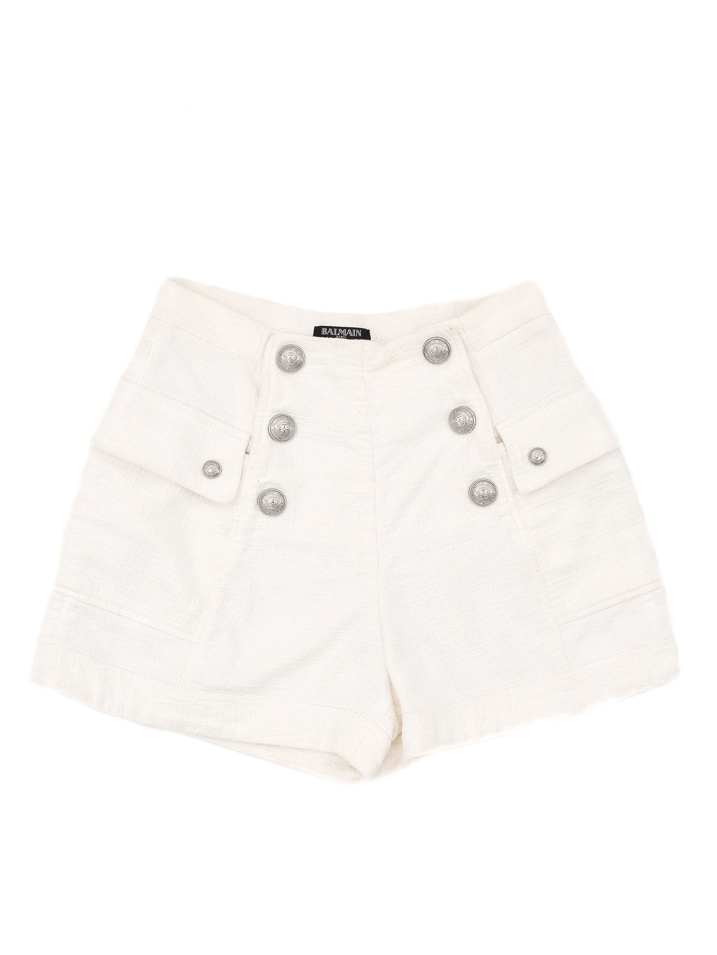 Excellent Balmain White Cotton Shorts with Silver Buttons Size S