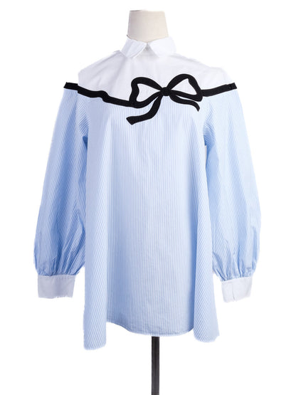 Excellent Weekend MaxMara Blue Striped Blouse with Bow Detail