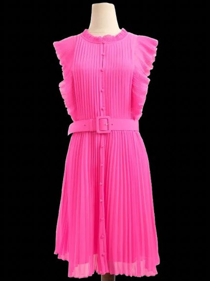 Excellent Self-Portrait Pink Pleated Dress with Ruffled Sleeves
