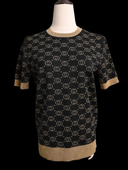 Perfect Gucci Black Wool Short-Sleeved Sweater with Gold Accents