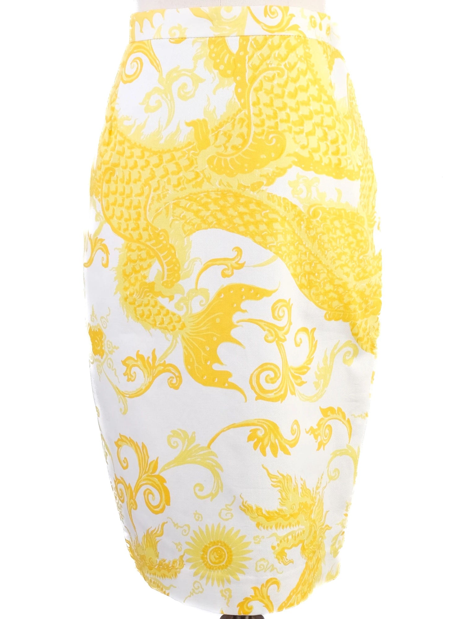 NEW By Malene Birger Yellow &amp; White Pencil Skirt XS Dragon Pattern