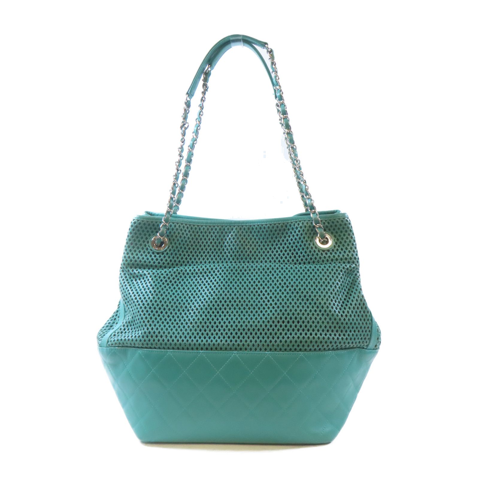 Chanel Green Diamond-shaped Sheepskin Leather Chain Shoulder Bag Silver Cross Shoulder Back