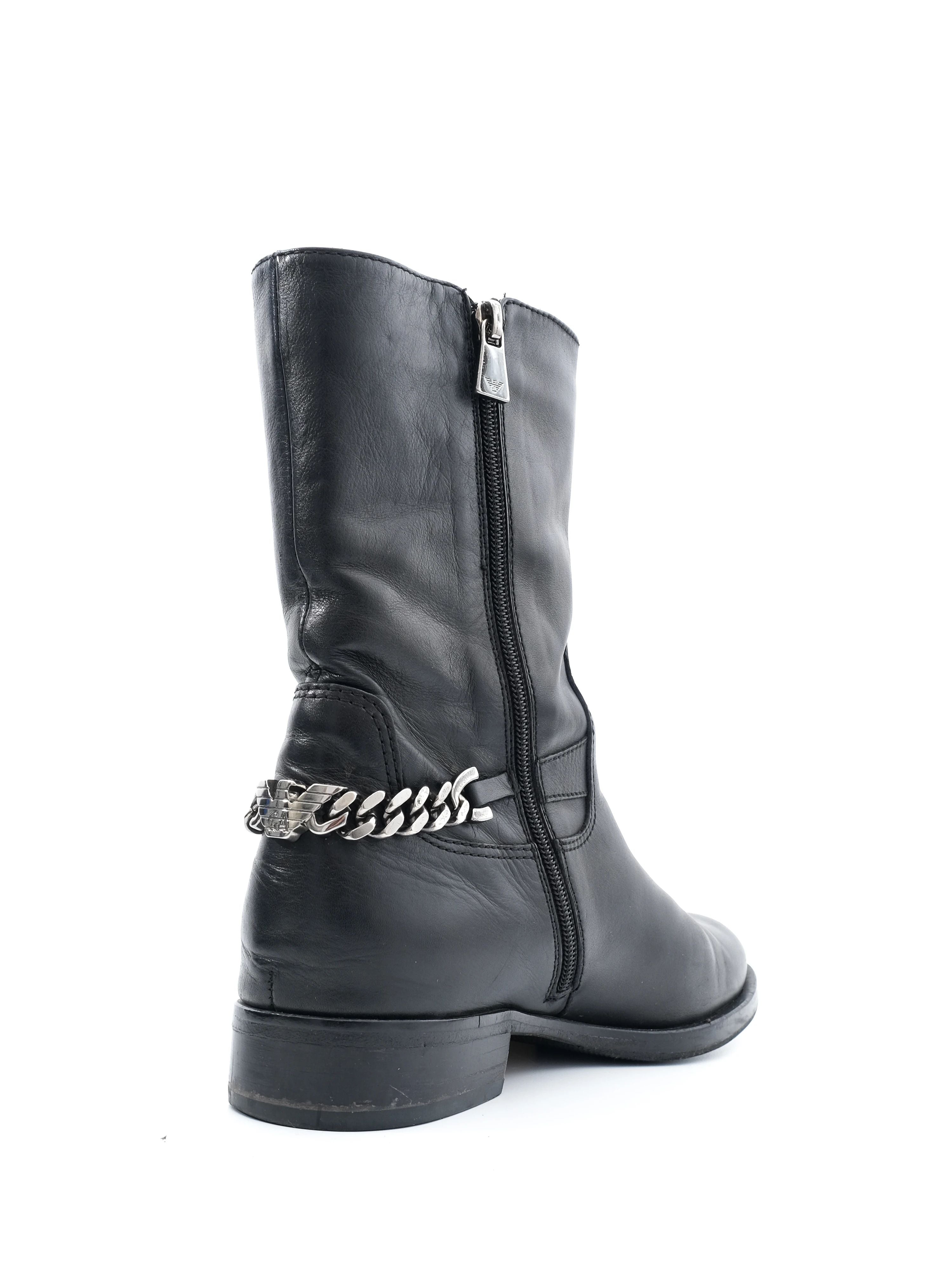 Excellent Emporio Armani Black Leather Boots with Chain Detail Size 40.5