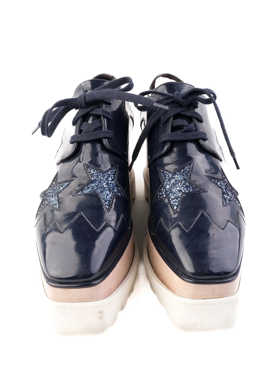 Stella McCartney Black Leather Platform Shoes Size 37 with Glitter Stars