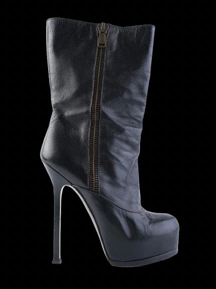 Yves Saint Laurent Black Leather High-Heeled Boots Size 38