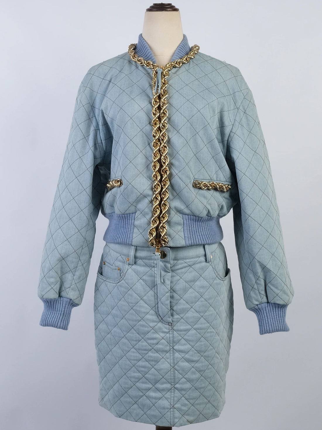 Excellent Moschino Blue Quilted Denim Jacket &amp; Skirt Set