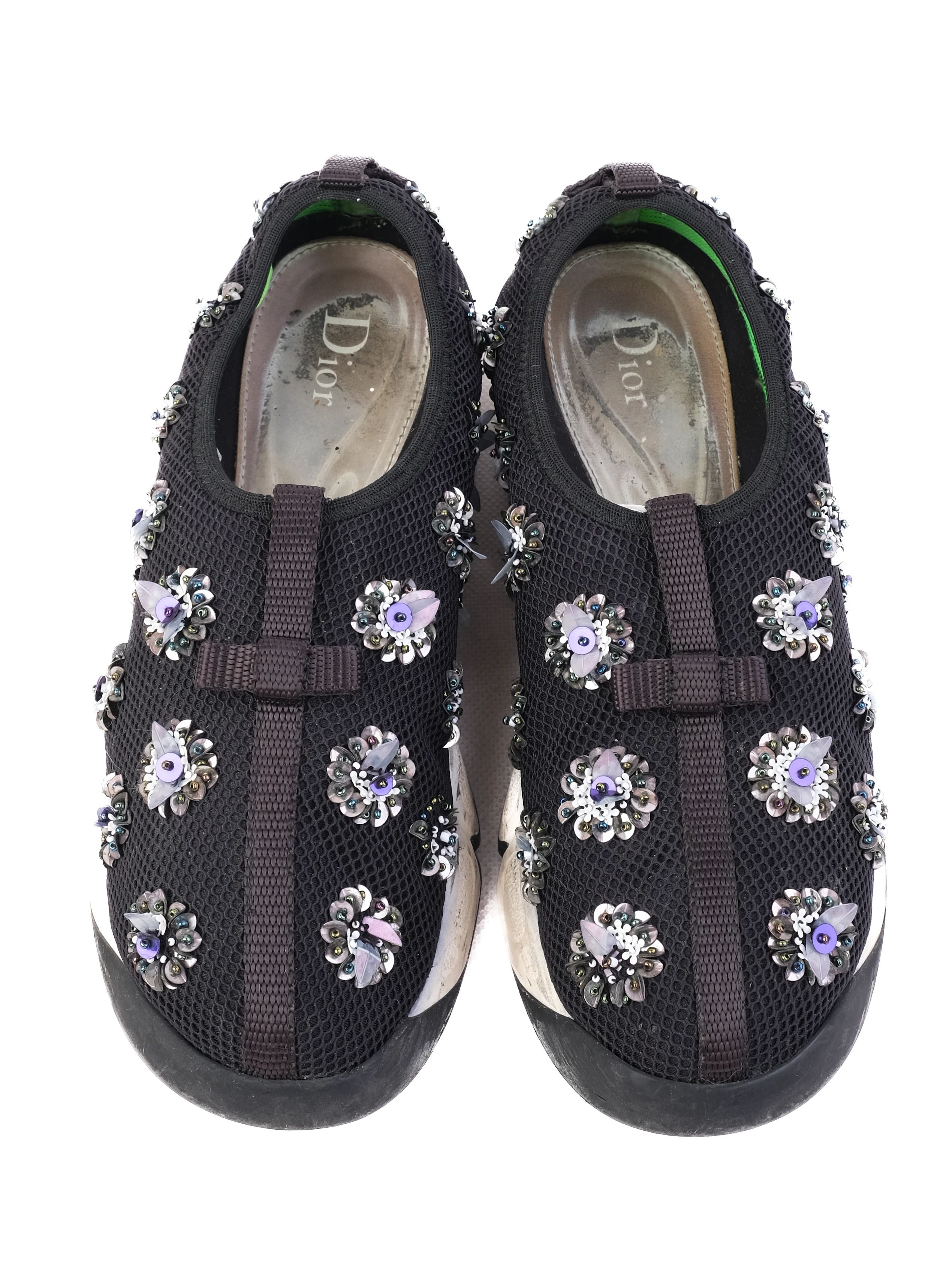Good Condition Dior Black Fabric Embellished Sneakers Size 36