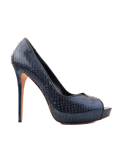 Excellent Alexander McQueen Blue Leather Peep-Toe High Heels