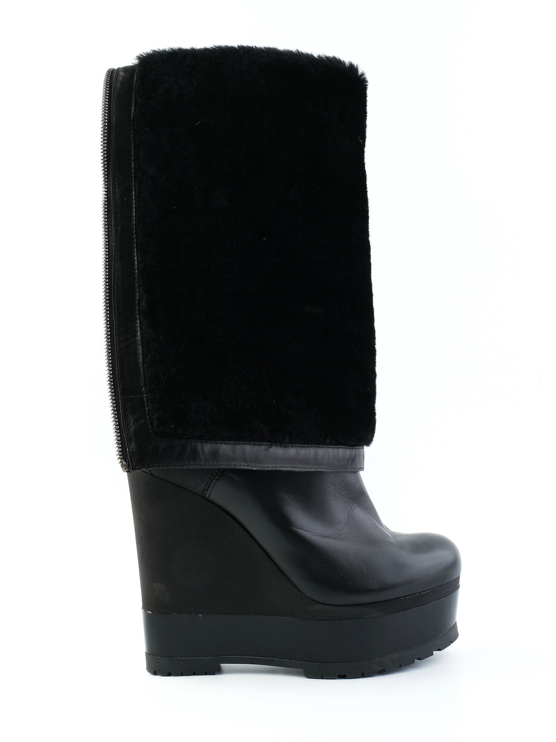 NEW Sergio Rossi Black Leather Wedge-Heeled Boots Size 38.5