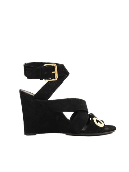 Excellent Louis Vuitton Black Suede Wedge Sandals Size 36.5
