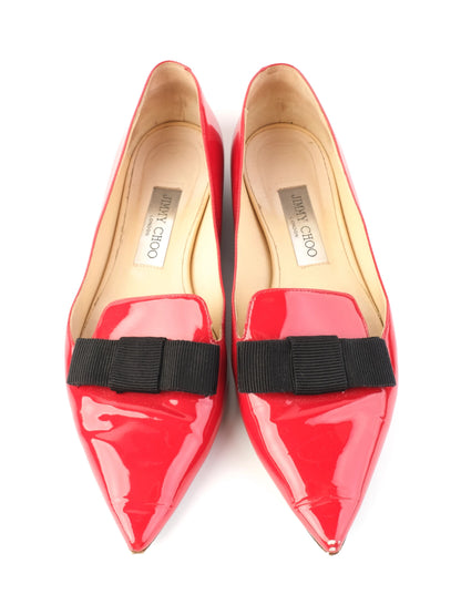 Good Jimmy Choo Red Leather Flat Shoes Size 39 with Black Bow