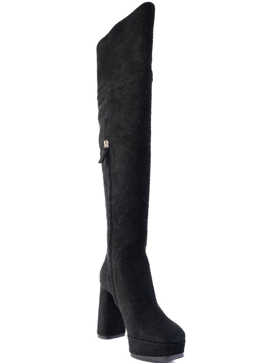 Perfect Ballin Black Leather Knee-High Platform Boots Size 35