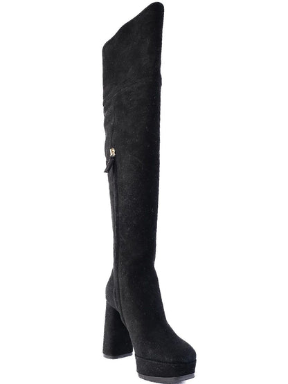 Perfect Ballin Black Leather Knee-High Platform Boots Size 35