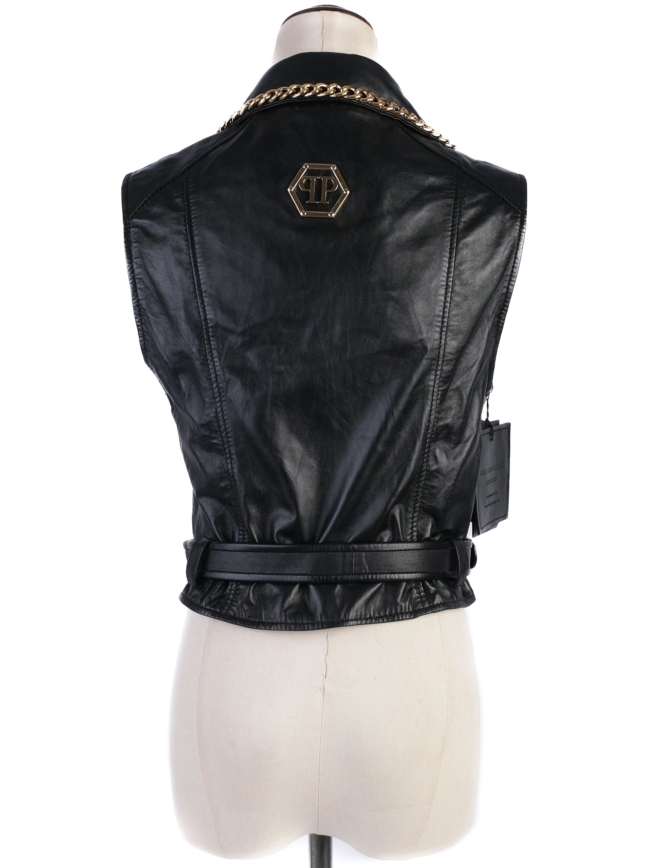 NEW Phillipp Plein Black Leather Vest M with Gold Chain Accents