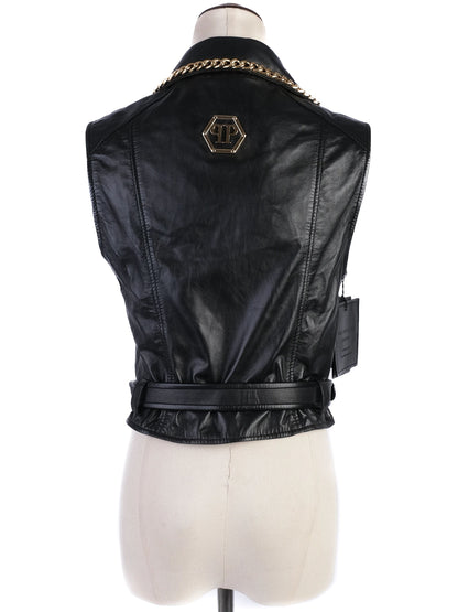 NEW Phillipp Plein Black Leather Vest M with Gold Chain Accents