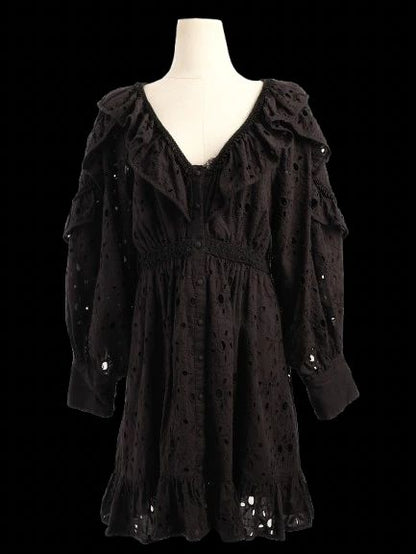 Excellent Uterque Black Cotton Dress M with Ruffle &amp; Embroidery Details