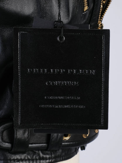 NEW Phillipp Plein Black Leather Vest M with Gold Chain Accents