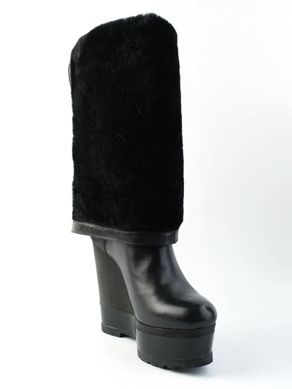 NEW Sergio Rossi Black Leather Wedge-Heeled Boots Size 38.5