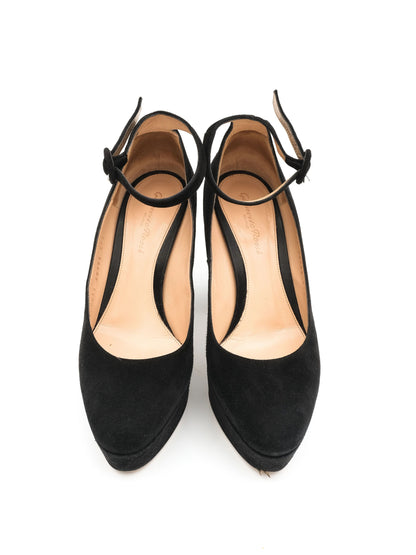 EXCELLENT Gianvito Rossi Black Suede Ankle Strap Platform Shoes Size 37.5