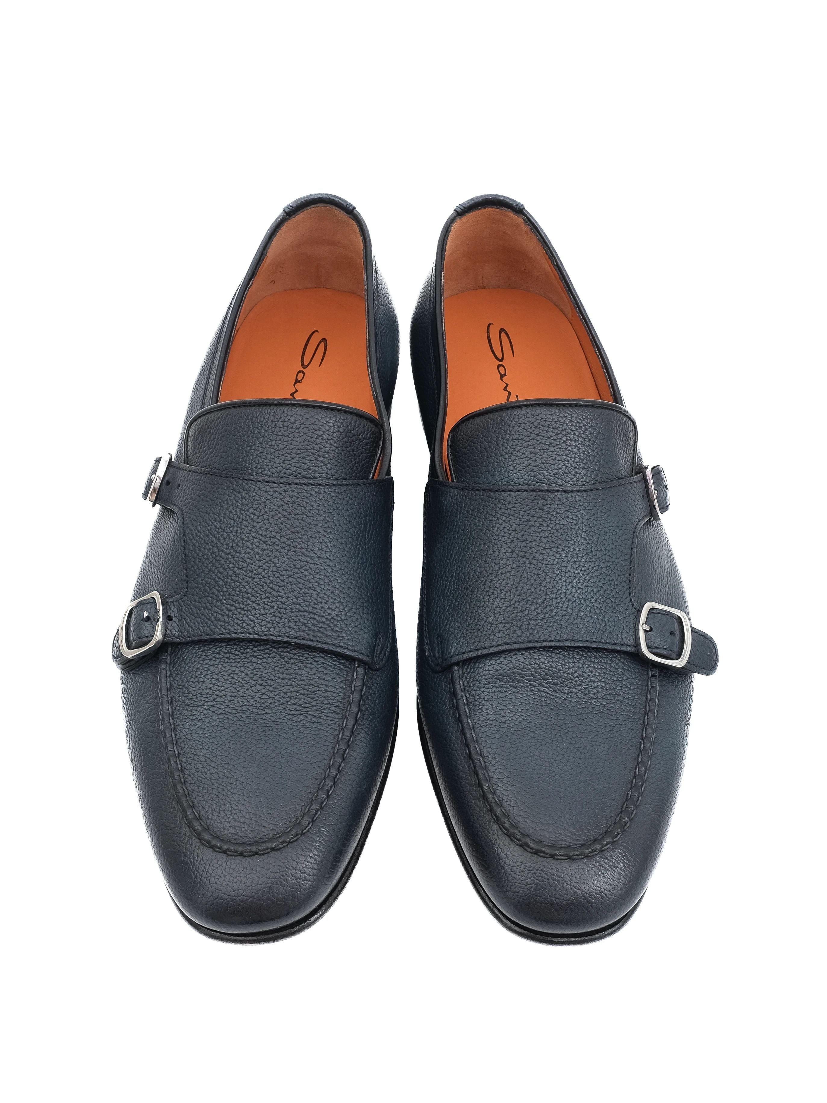 Excellent Santoni Black Leather Monk Strap Shoes Size 42.5