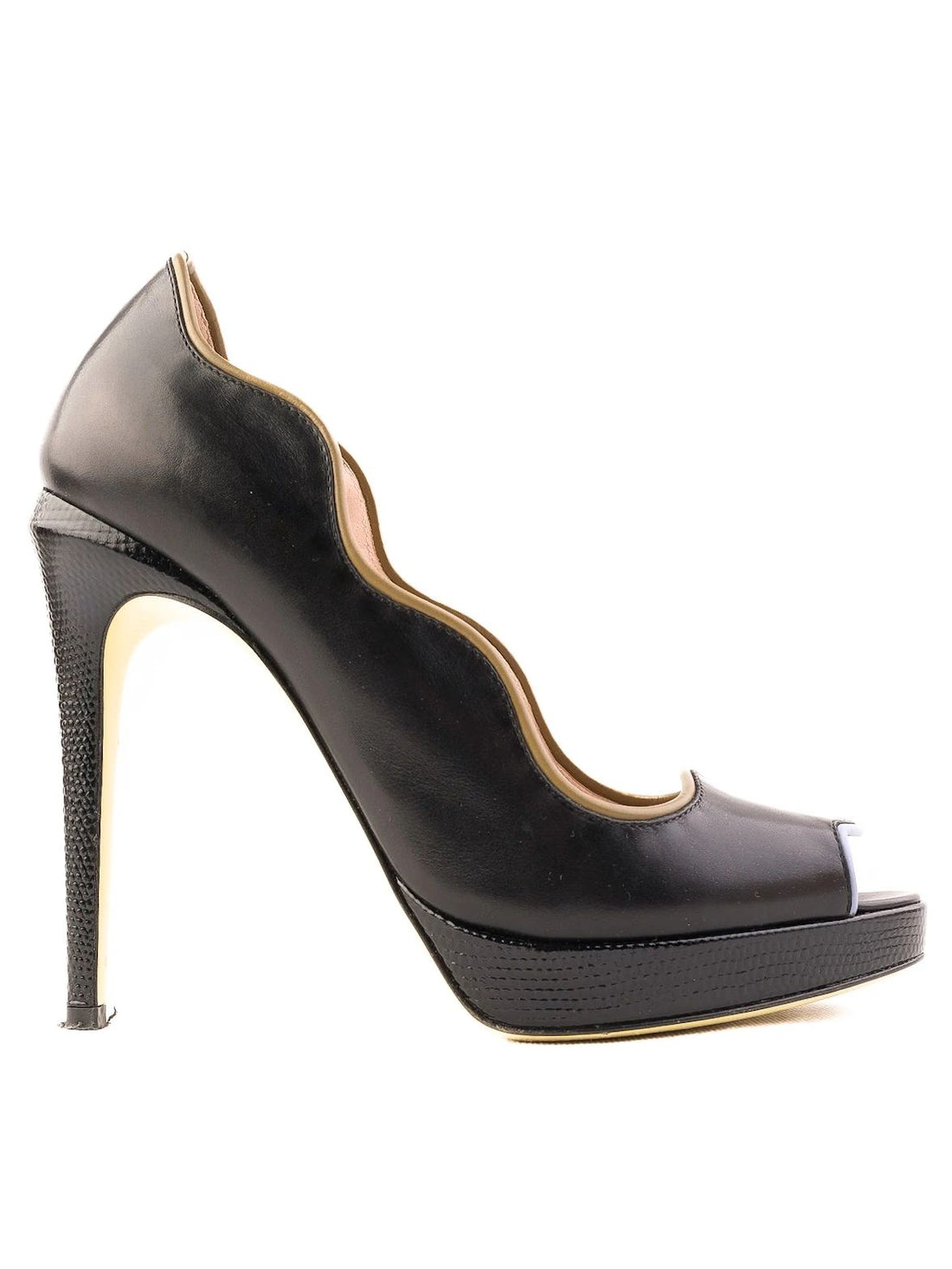 Fendi Black Leather High-Heeled Peep-Toe Shoes Size 37.5