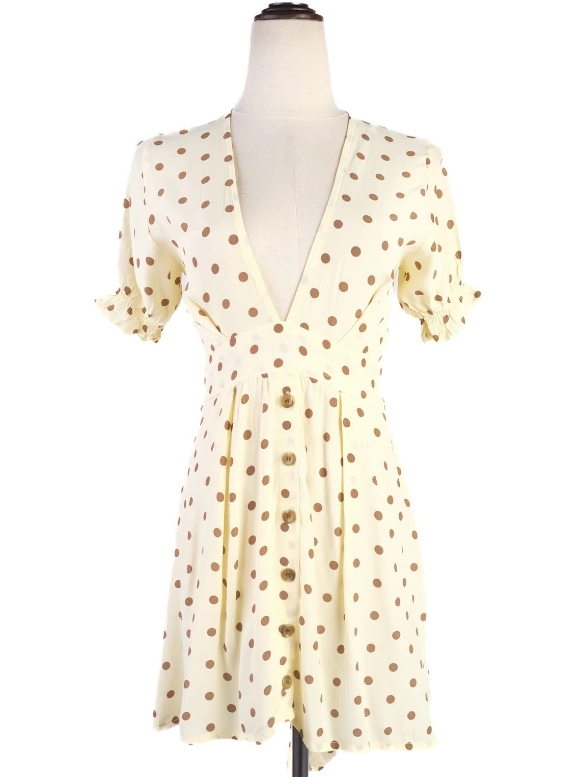 Excellent Faithfull The Brand Yellow V-Neck Polka Dot Dress