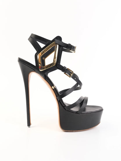 Excellent Gianmarco Lorenzi Black Leather High-Heeled Sandals Size 38