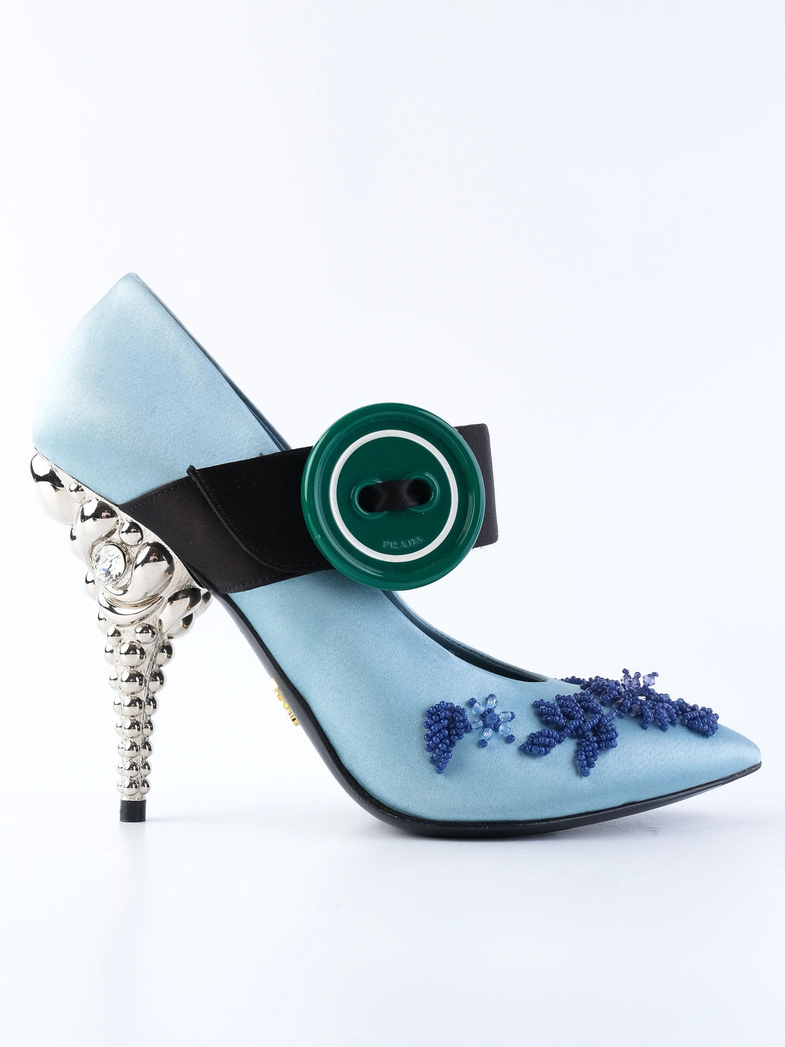 Excellent Prada Blue Satin High-Heeled Shoes with Beaded Embellishments