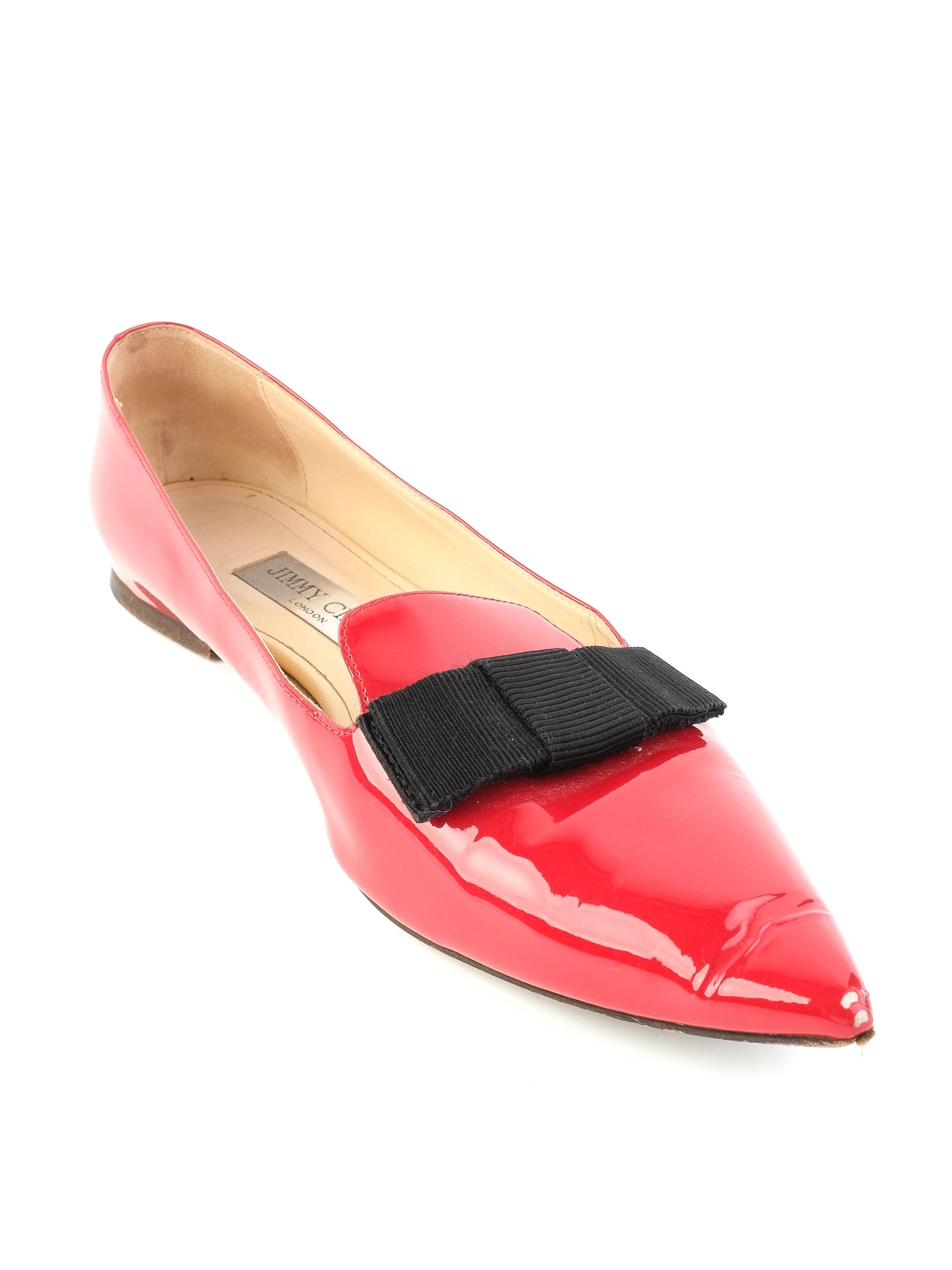 Good Jimmy Choo Red Leather Flat Shoes Size 39 with Black Bow