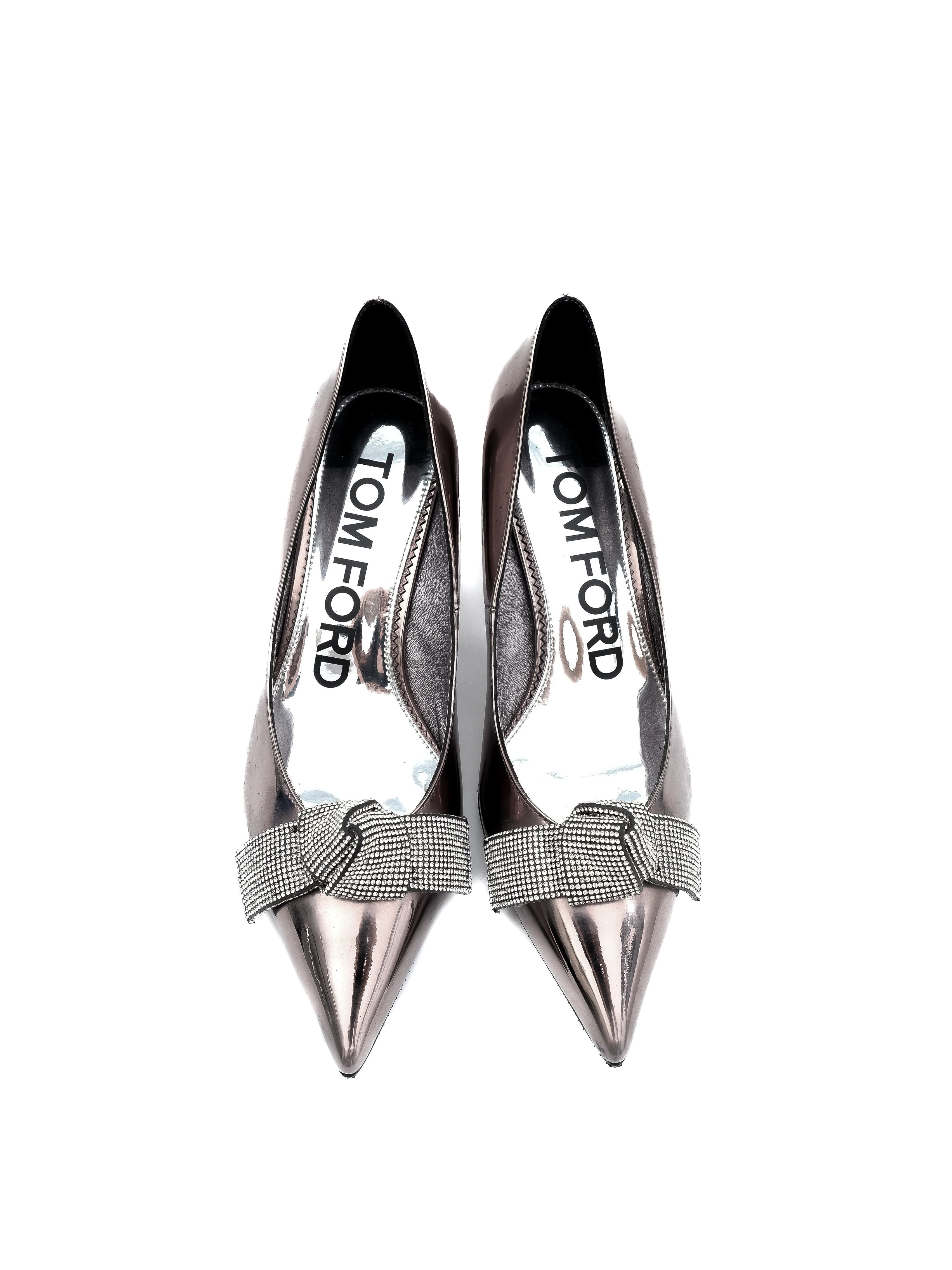 Tom Ford Gray Leather High-Heeled Shoes with Bow Size 38