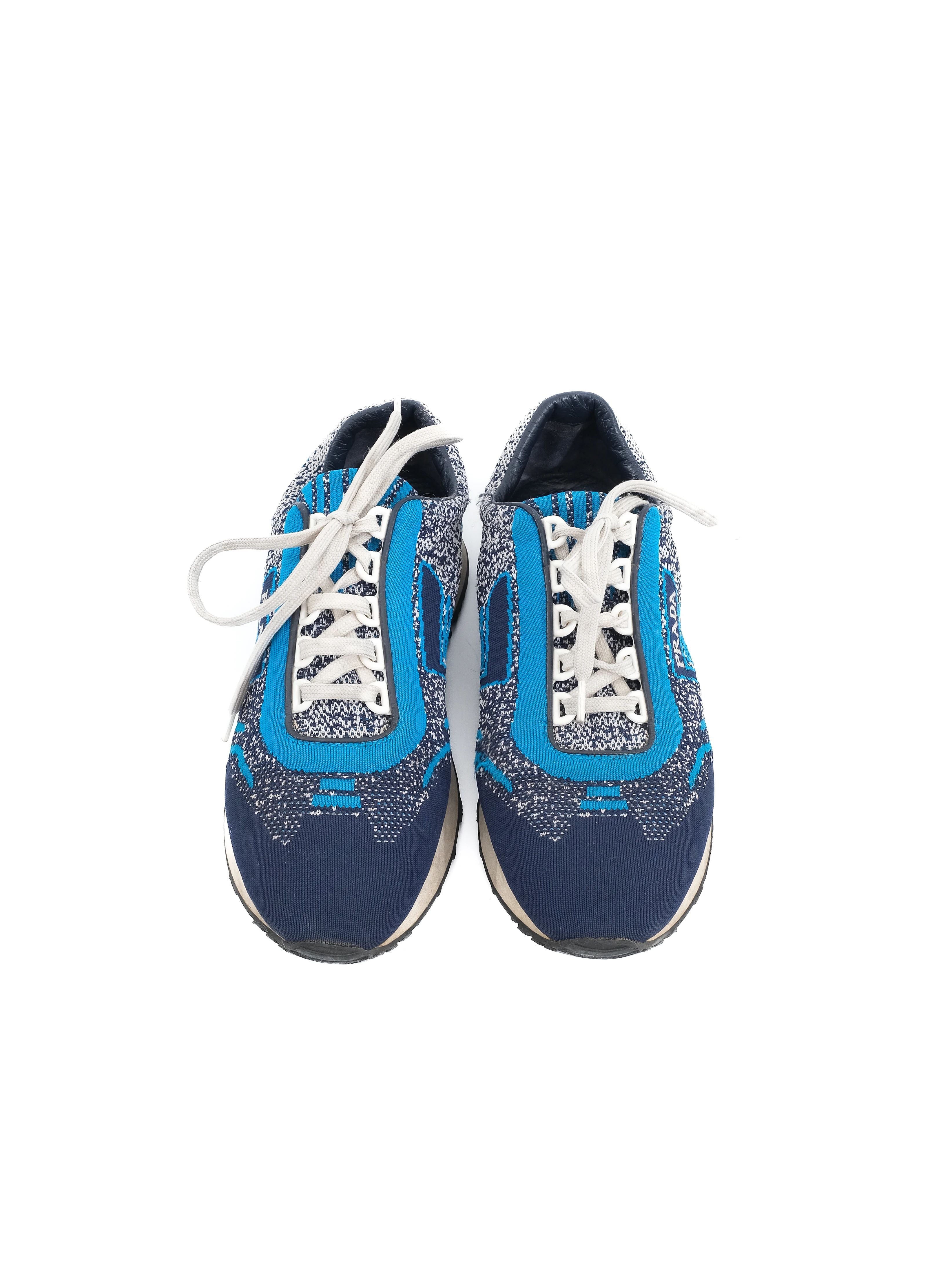 Excellent Prada Blue Textile Sneakers Size 38 with Speckled Pattern