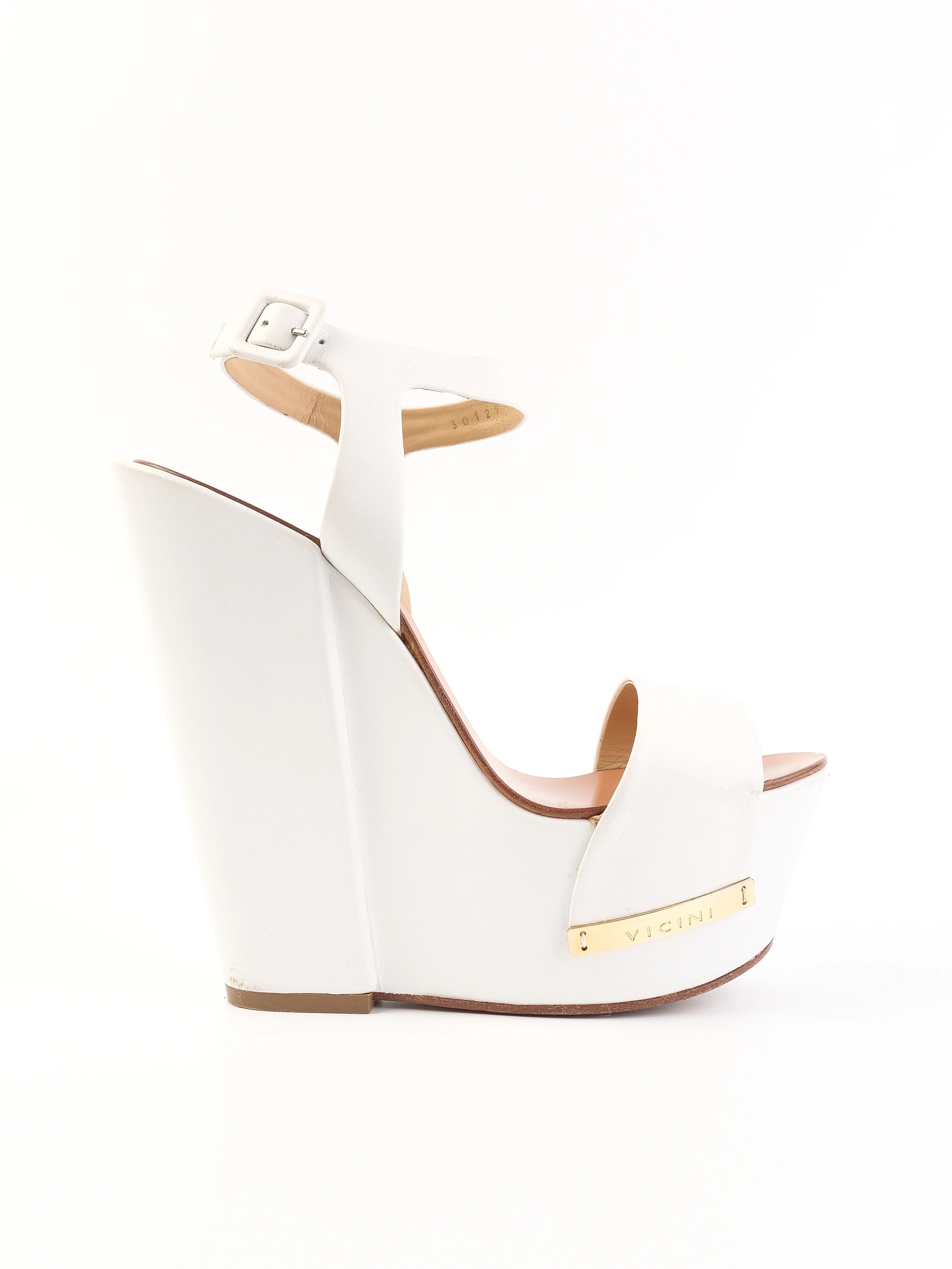 Excellent Vicini White Leather Platform Wedge Sandals Size 38