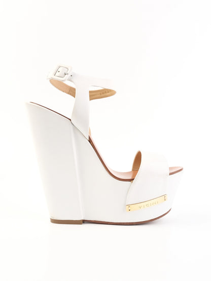 Excellent Vicini White Leather Platform Wedge Sandals Size 38