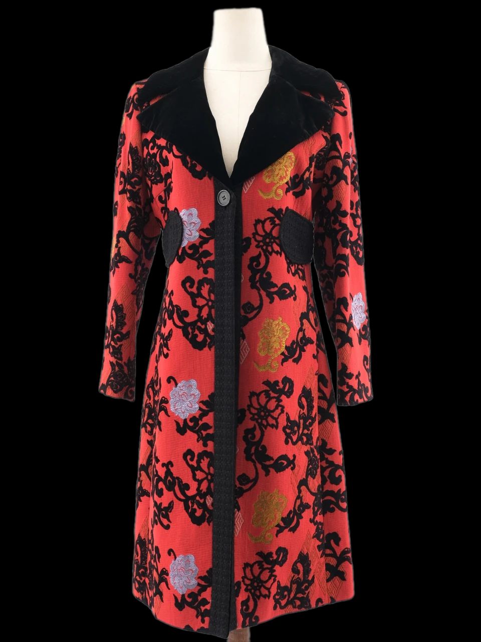 Excellent Etro Red Wool Floral Patterned Coat Size M